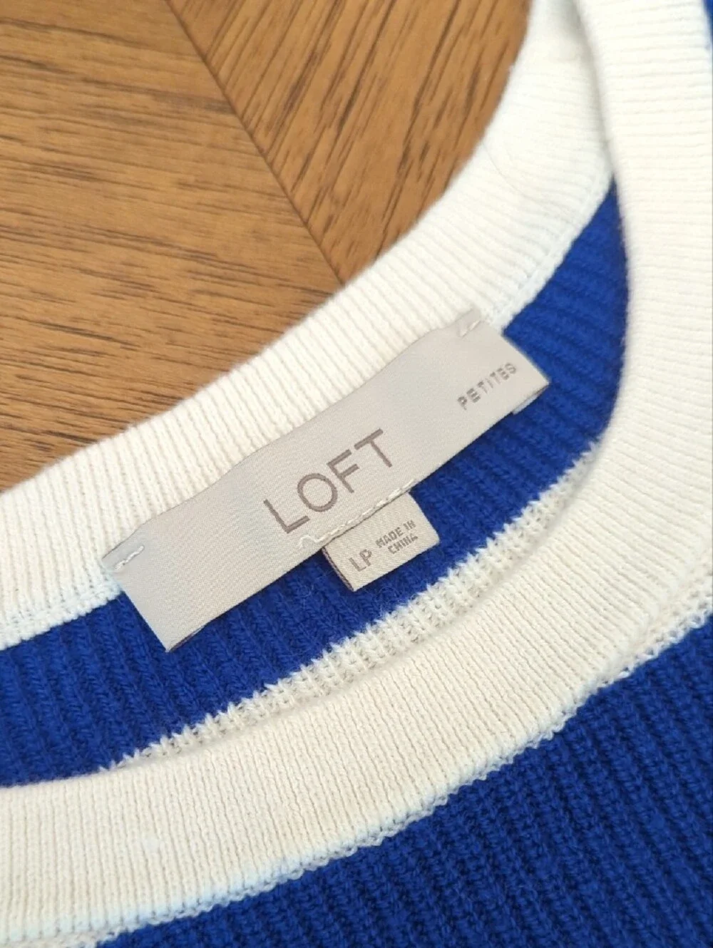 LOFT Blue, Black, and White Striped Crewneck Sweater